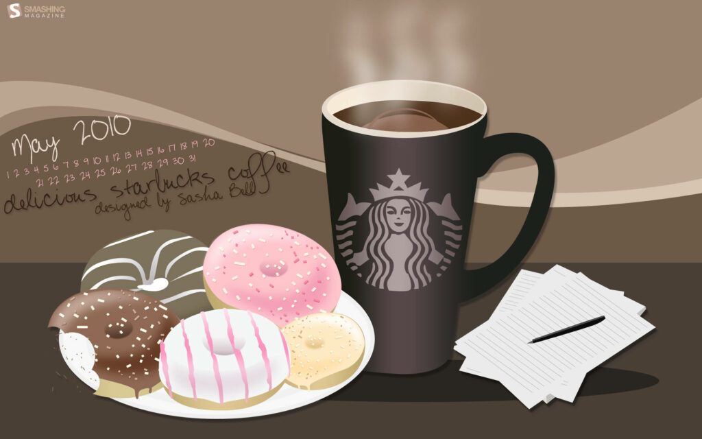 Steaming Starbucks coffee cup with logo donuts and notepad cozy coffeehouse wallpaper background