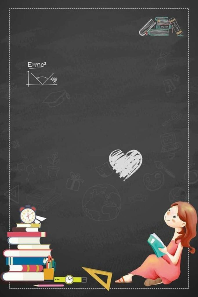 Whimsical digital illustration of girl reading with chalkboard doodles including E=mc² and books Wallpaper
