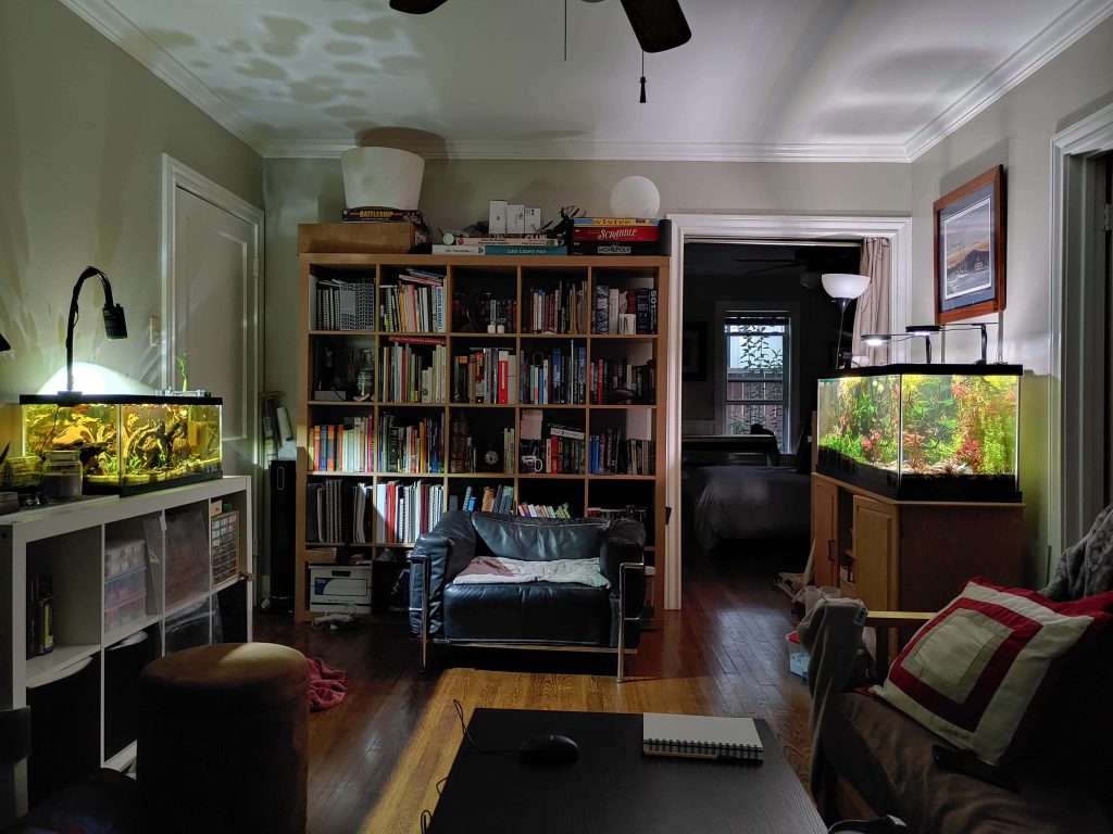 Cozy study with black leather chair and glowing aquarium perfect for virtual Zoom background Wallpaper