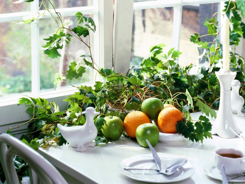 Cozy Table Setting Wallpaper: Bright Window with Fresh Oranges & Green Apples