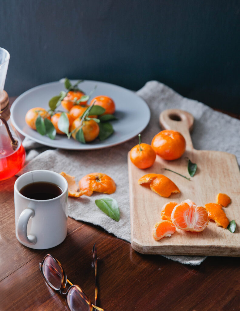 Cozy Tangerine Scene with Tea on Wooden Board - Refreshing Wallpaper