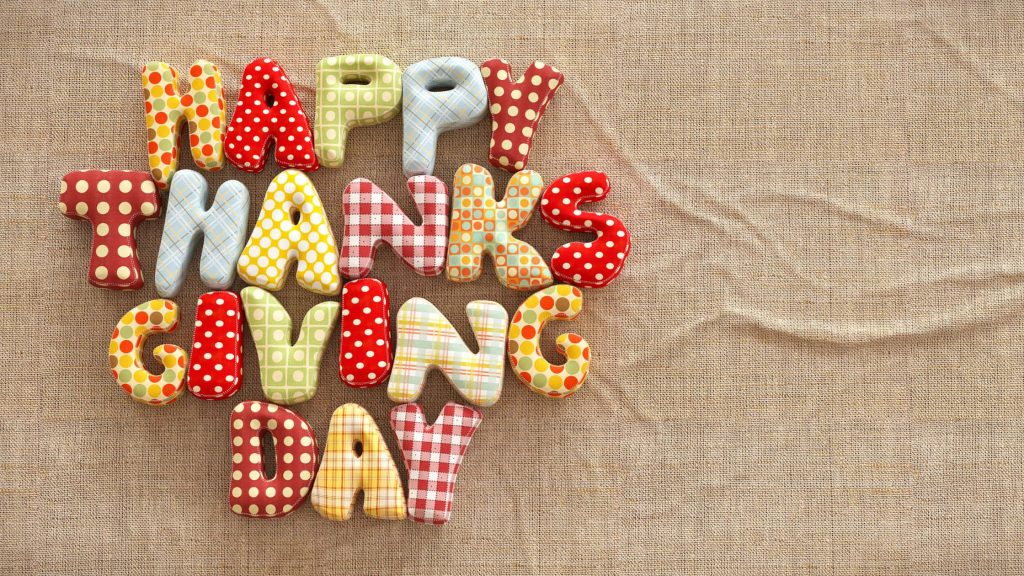 Cozy Thanksgiving wallpaper with plush polka dot and plaid letters on burlap background