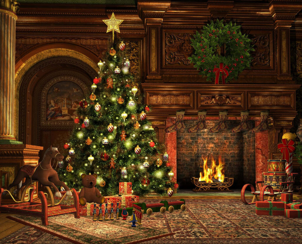 Cozy Traditional Christmas Scene with Decorated Tree & Gifts Wallpaper