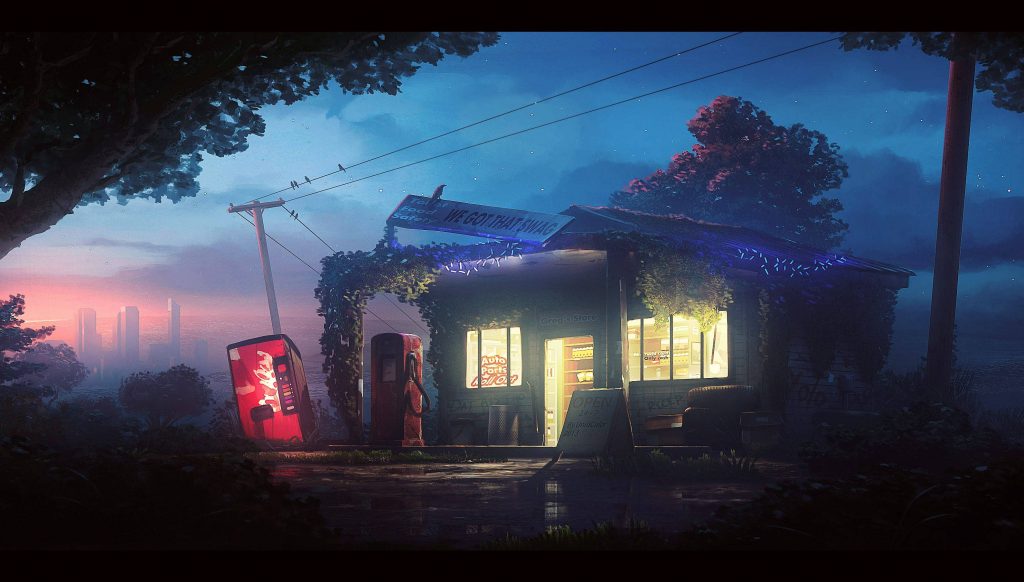 Cozy twilight gas station with glowing windows vintage red vending machine and city skyline Wallpaper