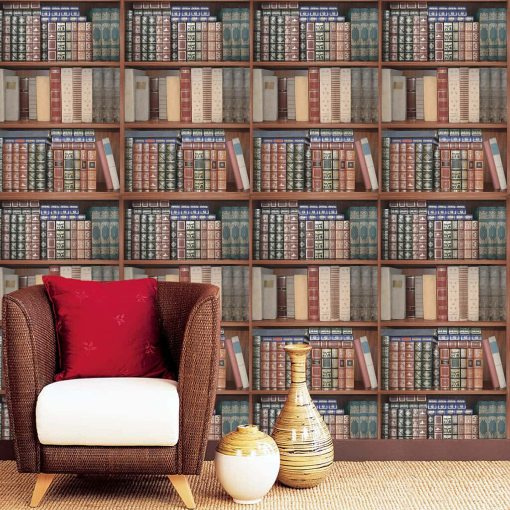 Vintage books wallpaper with realistic classic library shelves adding warmth to any room