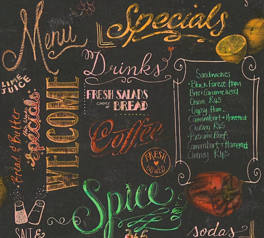 Vintage chalkboard menu wallpaper with handwritten text colorful chalk accents cozy café vibe