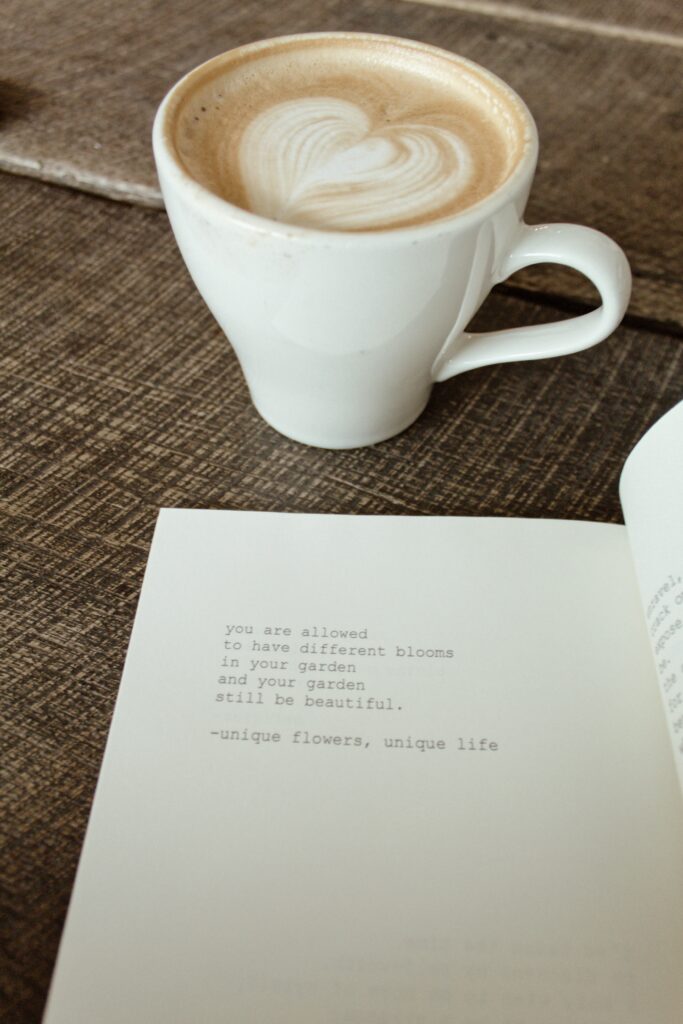 Cozy Coffee Wallpaper: Cup with Latte Art & Inspiring Book Quote