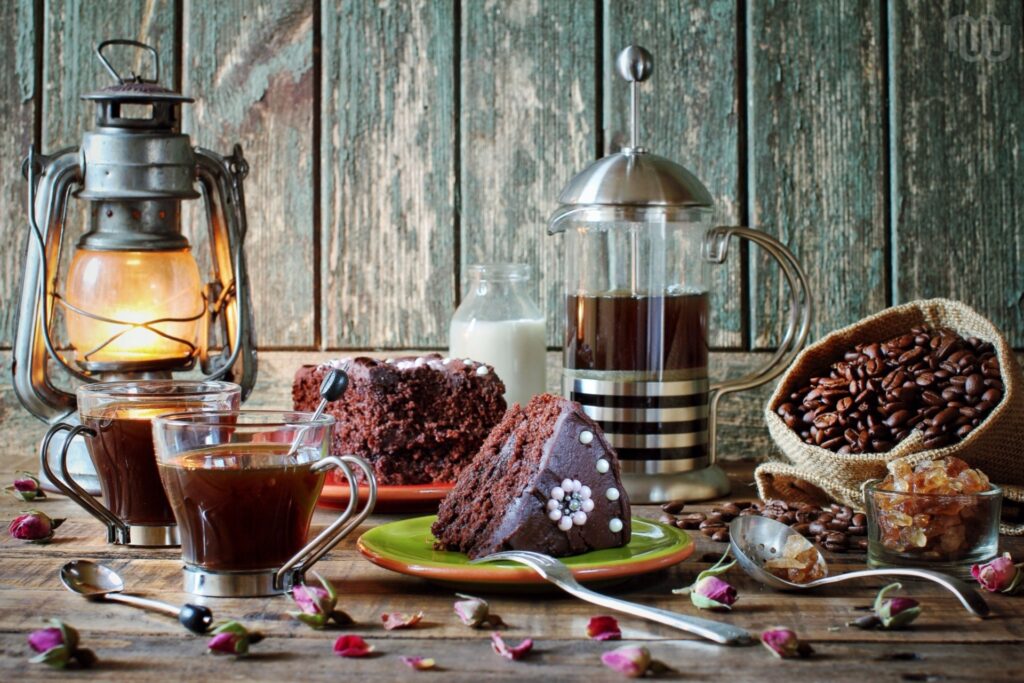 Cozy Wallpaper: Elegant Chocolate Cake & Pastries with Rustic Decor