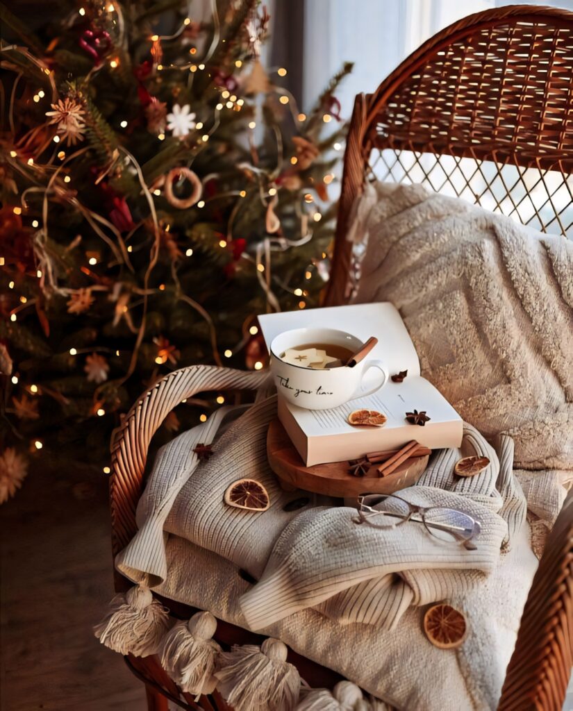 Warm Holiday Vibes: Cozy Wicker Chair, Blanket & Festive Decor Wallpaper