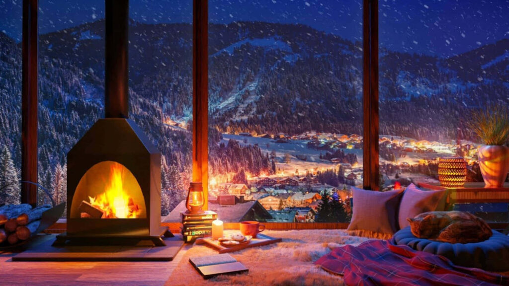 Cozy Winter Cabin Wallpaper: Fireplace & Snowy Mountain Village