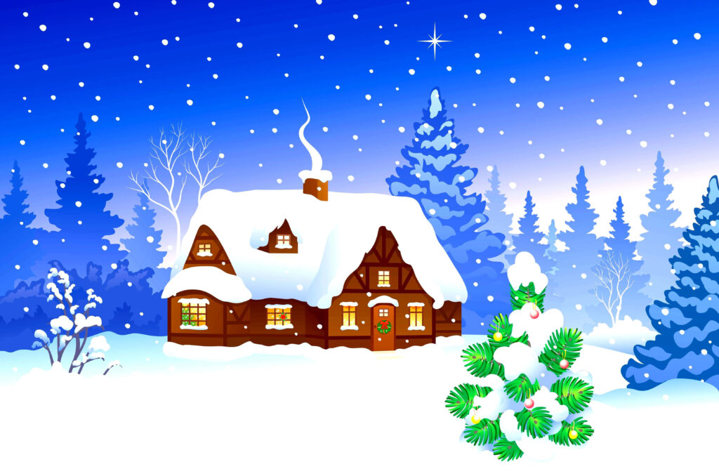 Cozy Winter Holiday Cottage Wallpaper with Snow & Stars