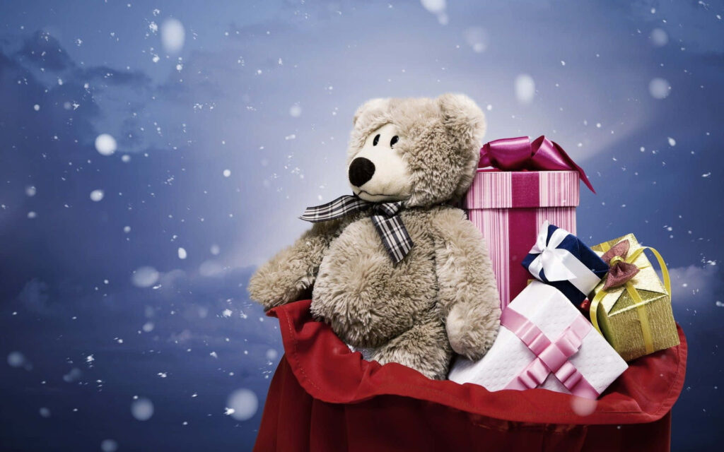 Cozy Winter Holiday Teddy Bear Wallpaper with Colorful Gifts