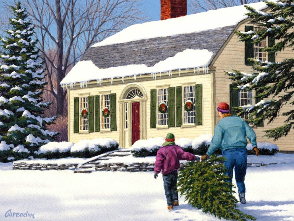 Cozy Winter Scene: Family, Christmas Tree & Wreaths in Snowy Landscape Wallpaper