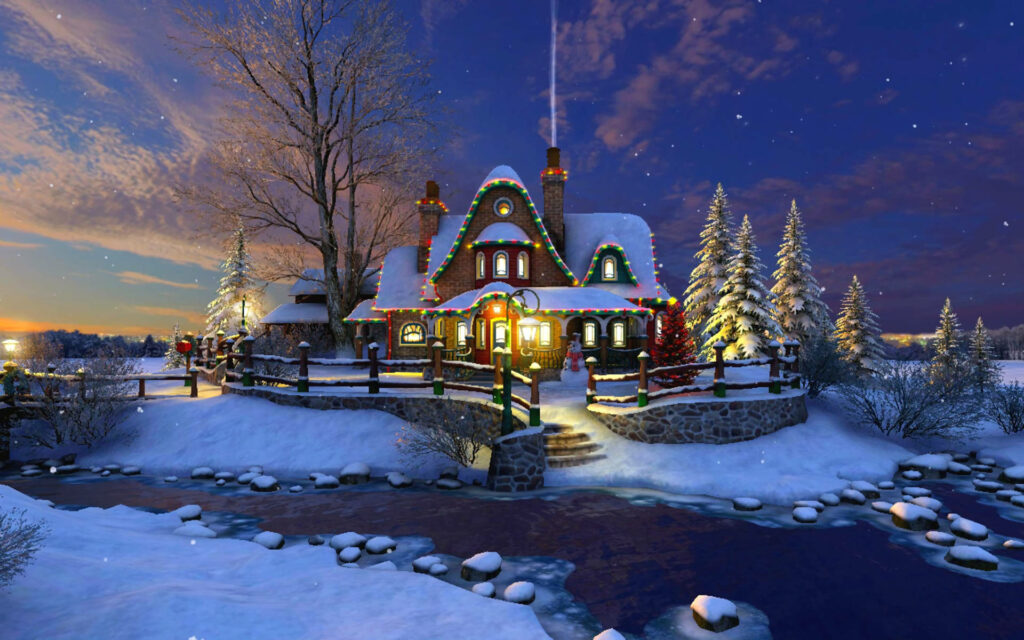 Cozy Winter Scene Wallpaper: Festive House with Christmas Lights