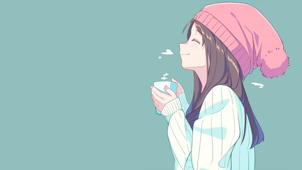 Minimalist anime wallpaper of a smiling girl in pink beanie and sweater holding steaming tea mug