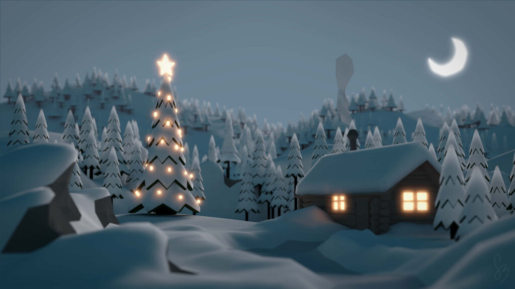 Cozy Winter Cabin Wallpaper: Serene Scene with Christmas Glow
