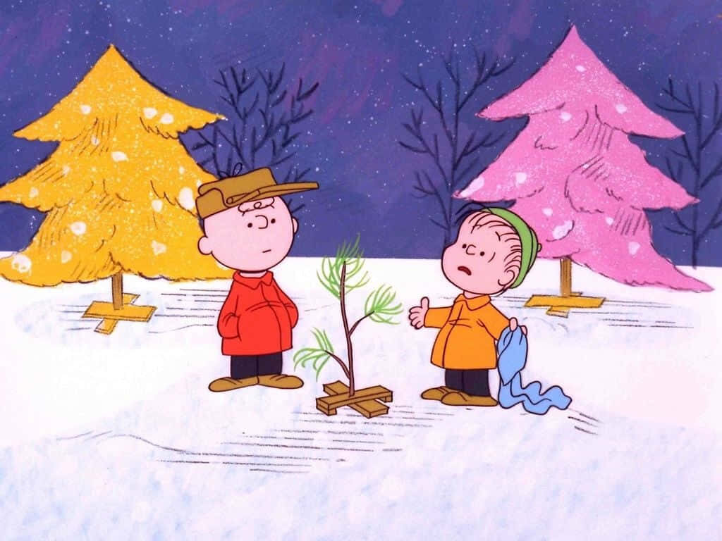 Cozy Winter Scene: Cartoon Characters by Snowy Trees & Christmas Tree Wallpaper