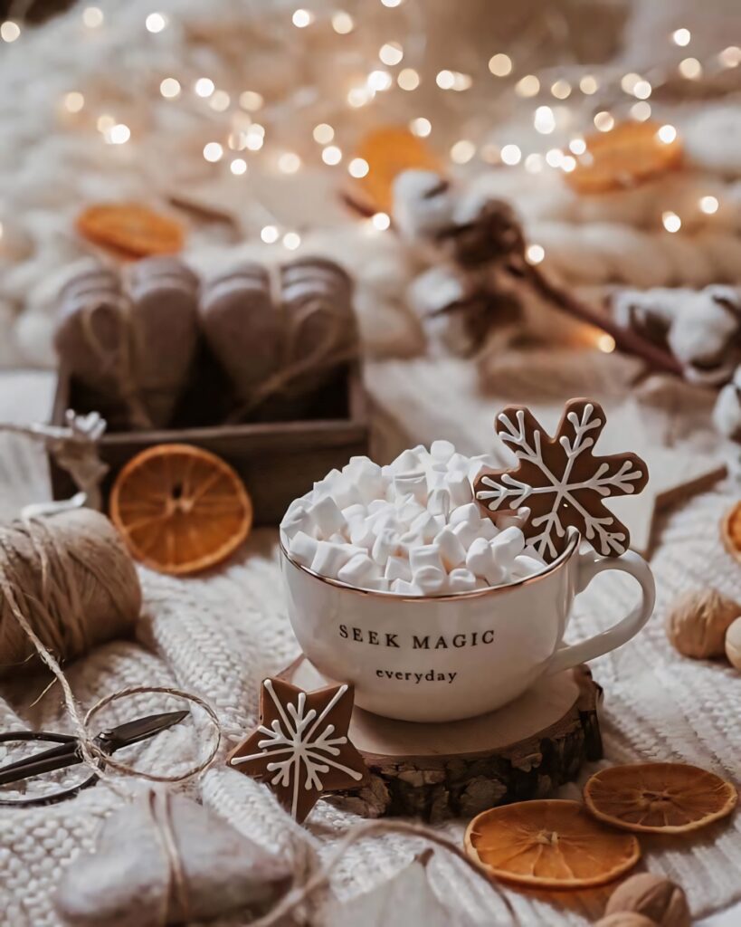 Cozy Winter Scene: Hot Chocolate, Gingerbread & Fairy Lights Wallpaper