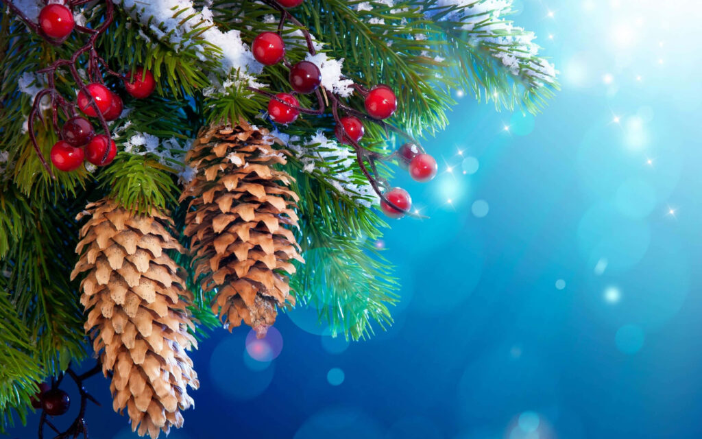 Cozy Winter Wallpaper: Snow-Dusted Pinecones & Red Berries