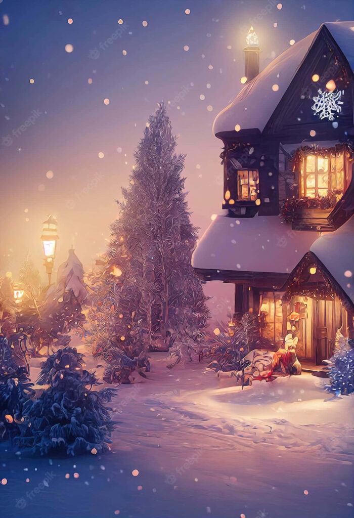 Cozy Winter Wallpaper: Snowy Cottage & Glowing Lights Background
