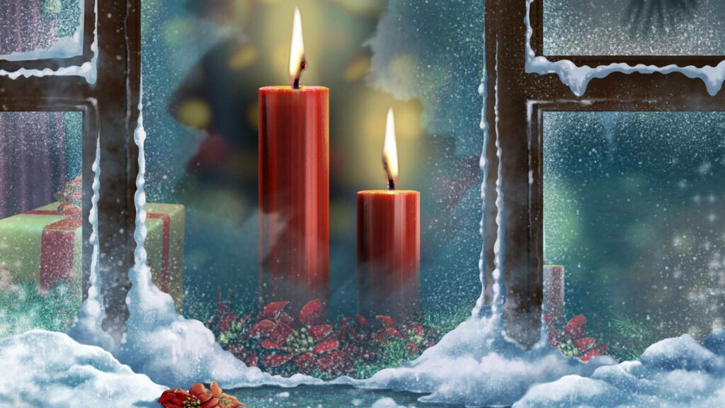 Cozy winter wallpaper with glowing red candles behind frosted window snowy festive greenery