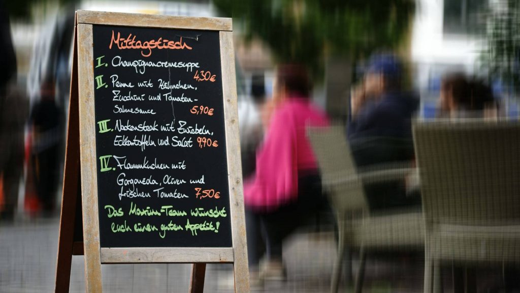 Wooden A-frame blackboard with handwritten German lunch menu blurred outdoor restaurant background Wallpaper
