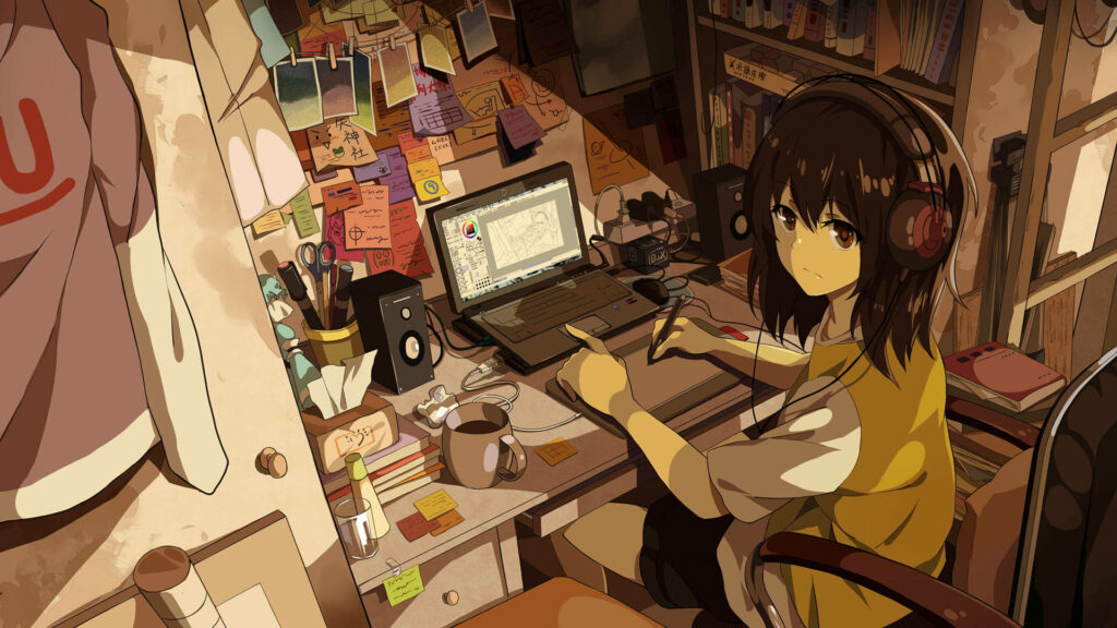 Cozy Desk Wallpaper: Young Woman Focused Amidst Clutter and Warm Light