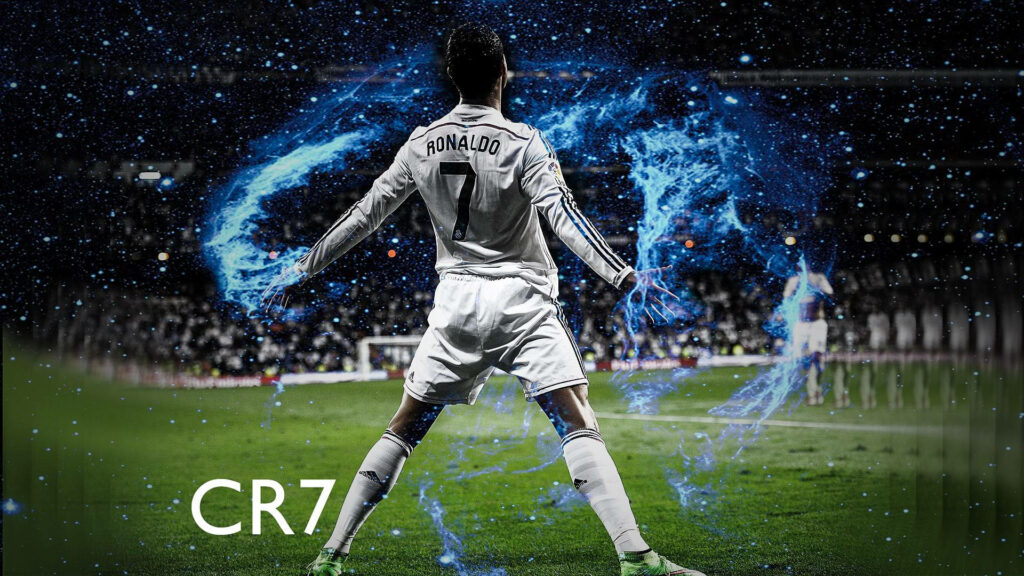 Cr7 Ignites the Crowd: Astonishing Blue Flames Surround the Football Legend Wallpaper