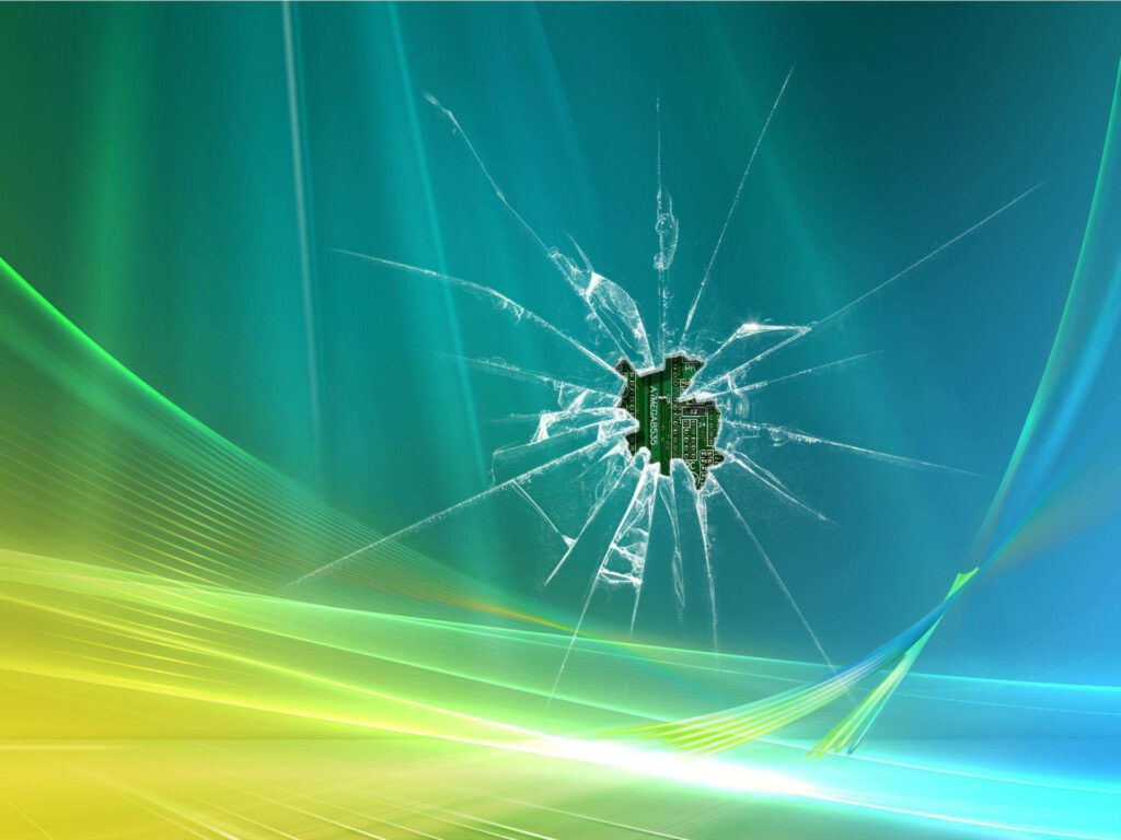 Cracked computer screen wallpaper with shattered glass revealing motherboard on blue green digital background