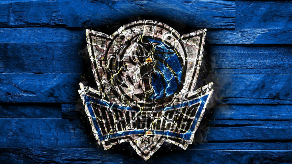 Dallas Mavericks logo cracked on textured blue wooden planks rugged strength wallpaper background
