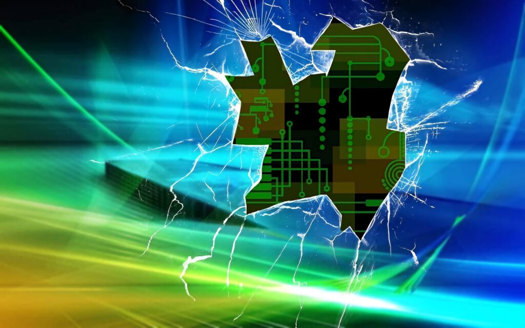 Cracked computer screen with vibrant green circuit board and blue yellow gradient tech background Wallpaper