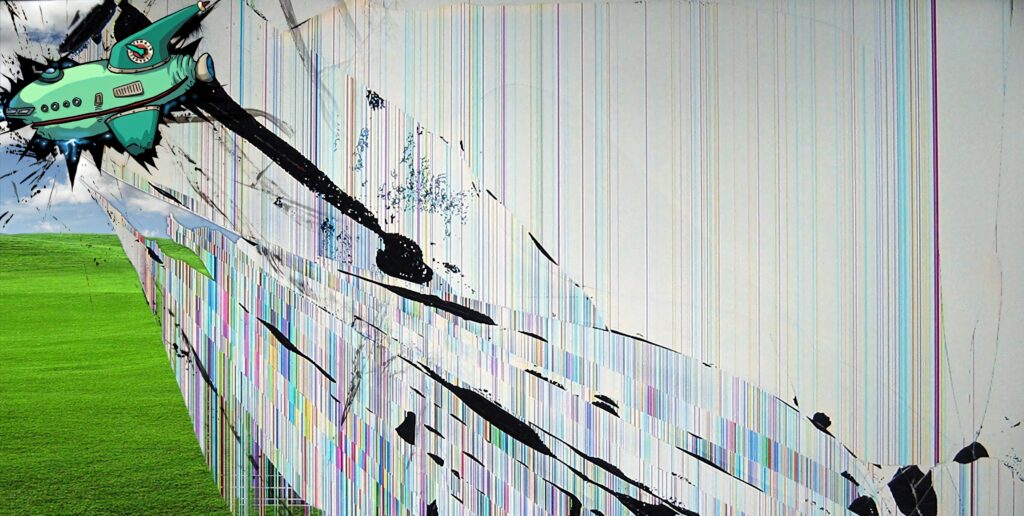 Futuristic spaceship crashing on cracked colorful Bliss screen with vibrant digital glitch effect Wallpaper