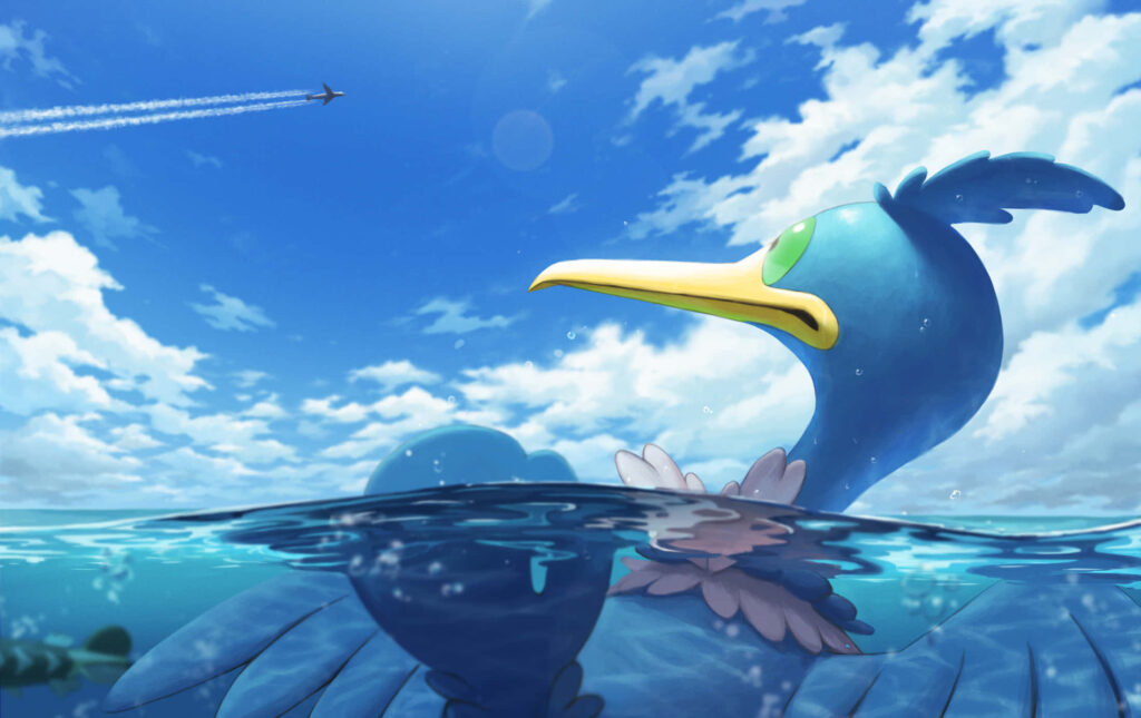 Cramorant Pokémon floats in bright blue sea under vibrant sky sunlight highlights feathers clouds plane Wallpaper