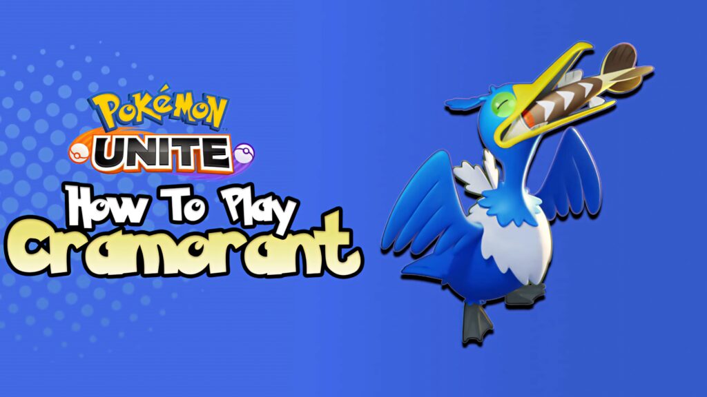 Cramorant from Pokémon Unite attack pose on vivid blue cartoon wallpaper for gameplay tutorial