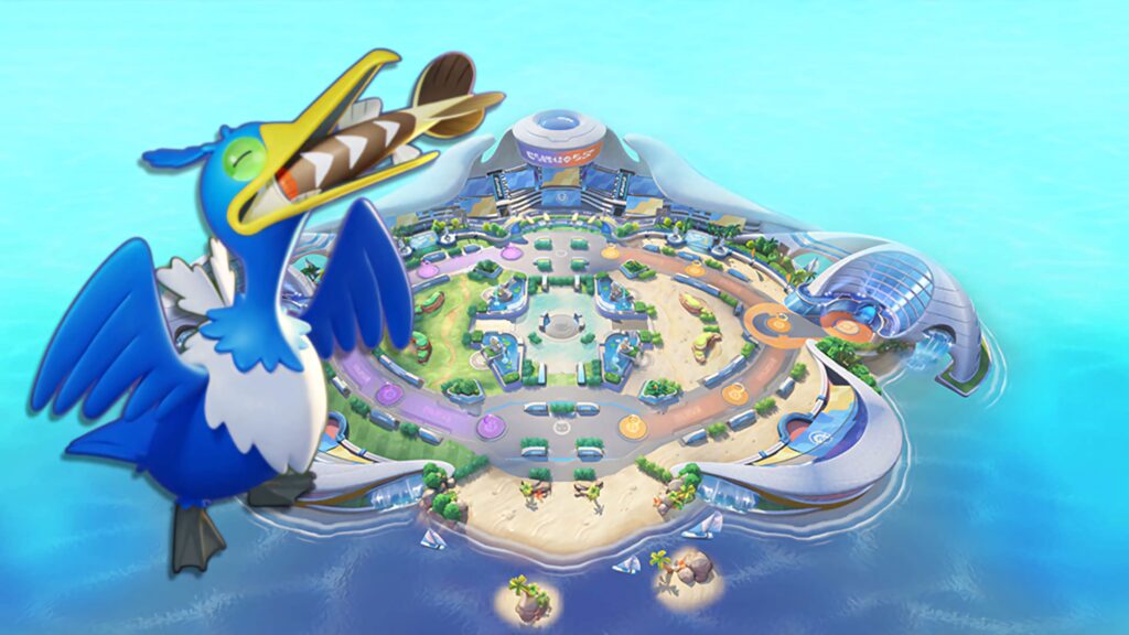 Cramorant flying over futuristic island city with blue waters vibrant Pokémon wallpaper background