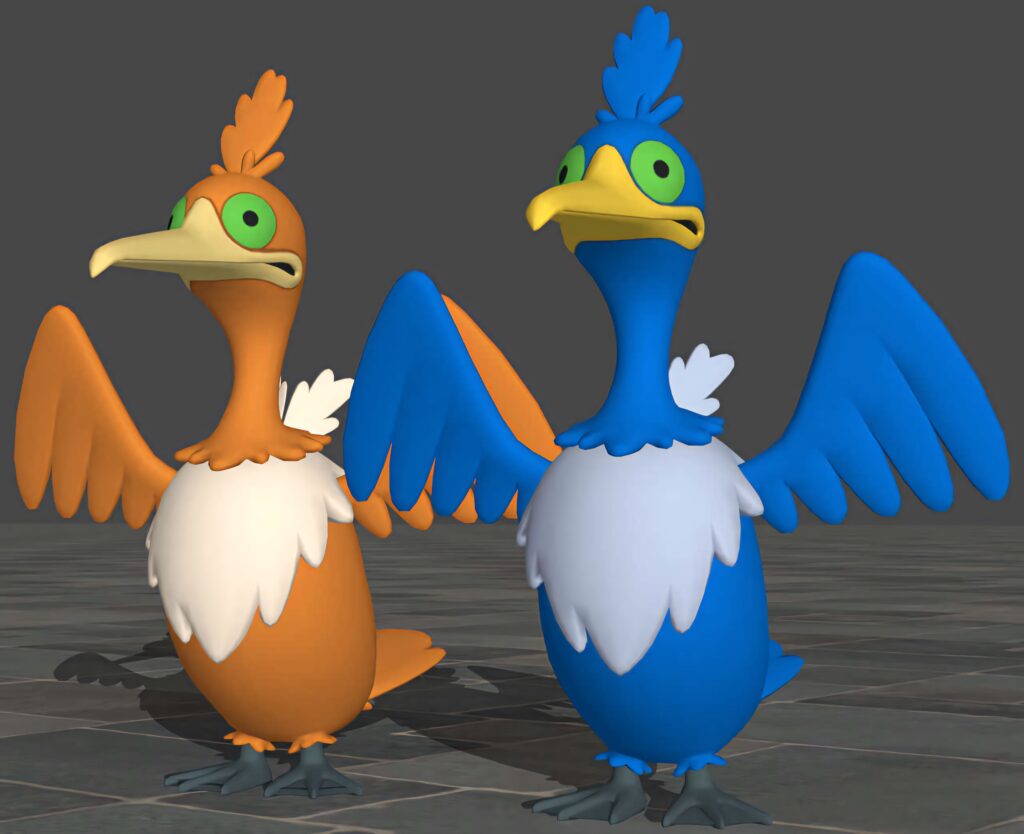 Cramorant Pokemon wallpaper with standard blue and shiny orange forms on tiled floor wings spread