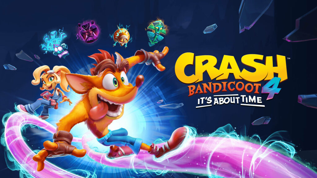Crash Bandicoot and Coco ride vibrant energy trails with quantum masks cosmic blue wallpaper