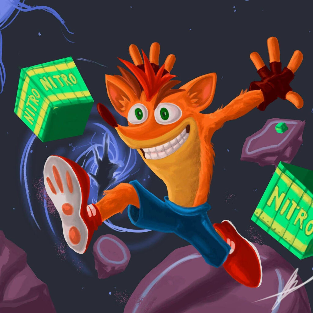 Crash Bandicoot jumping in vibrant cosmic scene with floating green Nitro boxes cartoon art wallpaper