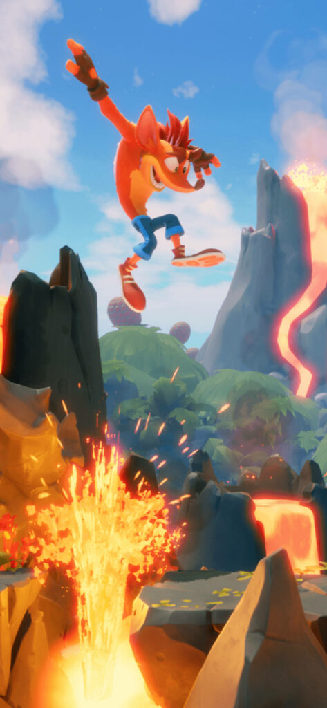 Crash Bandicoot jumps over erupting lava in vibrant volcanic landscape wallpaper background