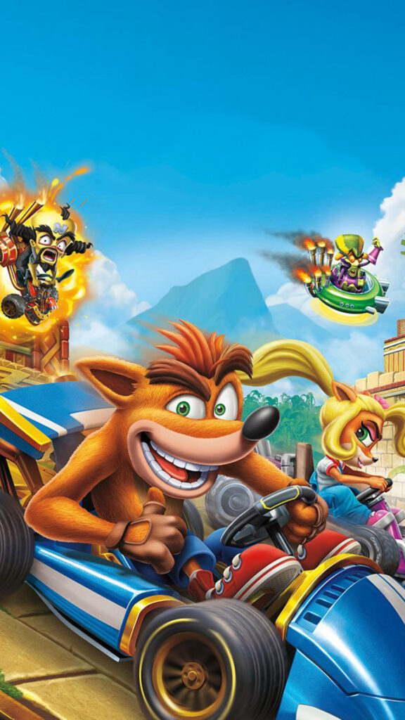 Crash Bandicoot Racing wallpaper with vibrant go-kart action featuring Crash and friends racing