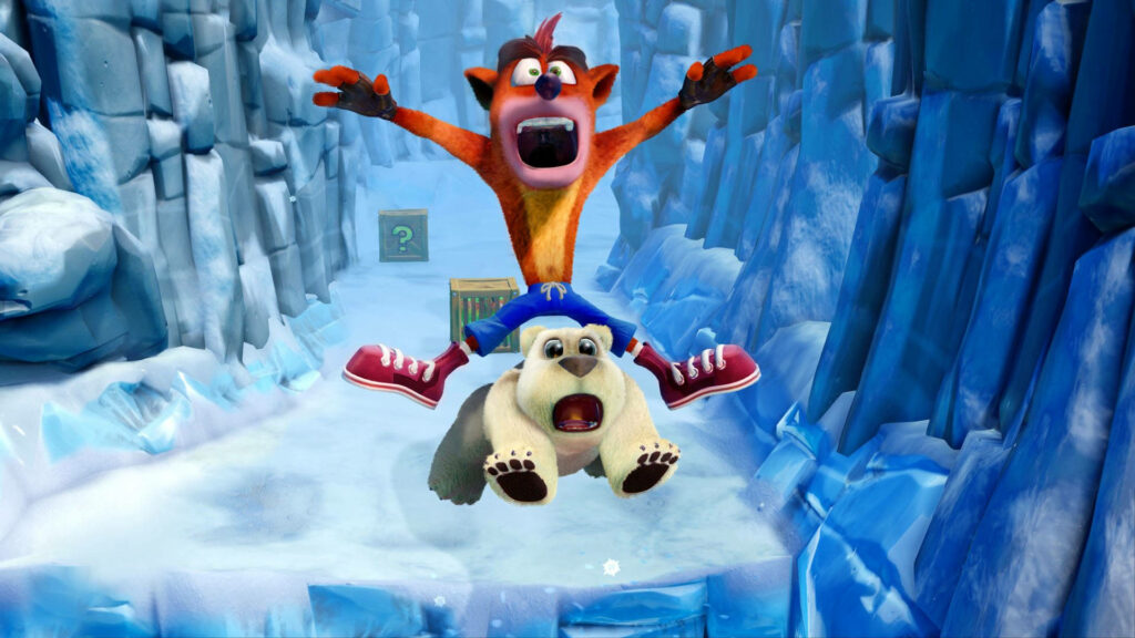 Crash Bandicoot rides startled polar bear in icy cavern with blue glaciers vibrant platform game Wallpaper