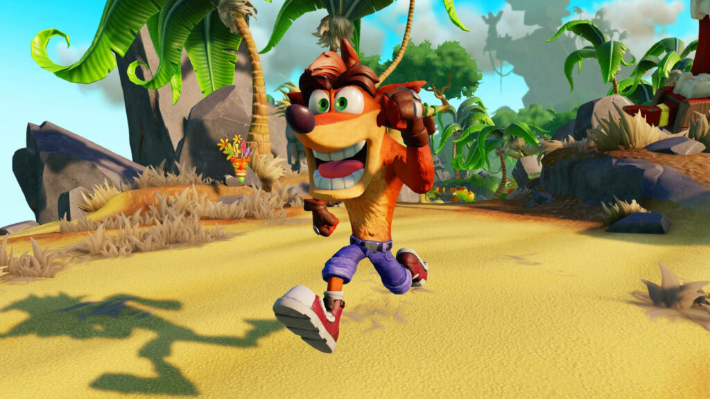 Crash Bandicoot running on tropical island path with palm trees bright blue sky 3D cartoon Wallpaper