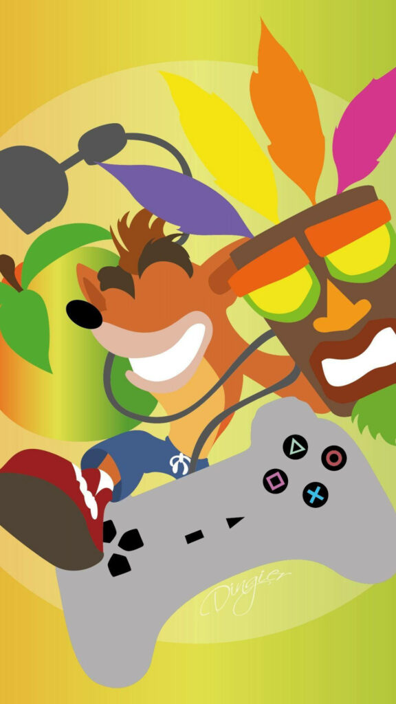 Crash Bandicoot and Aku Aku vibrant wallpaper with colorful gradient and game controller foreground