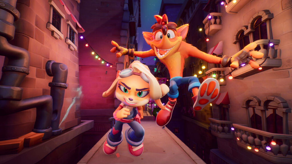Crash Bandicoot and Coco Bandicoot sprint through colorful city alley with festive lights wallpaper