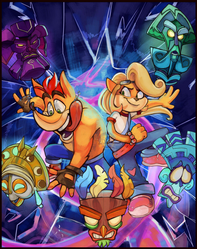 Crash Bandicoot and Coco Bandicoot leap boldly in vibrant wallpaper with iconic masks and colors