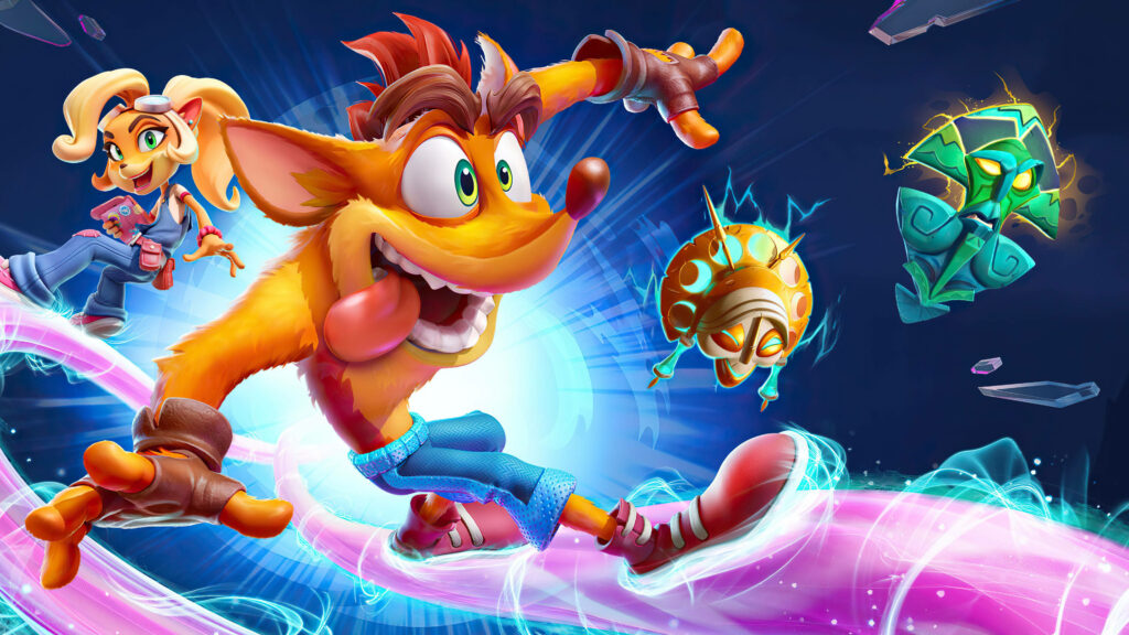 Crash and Coco Bandicoot vibrant wallpaper with neon swirls dynamic action poses cartoon style