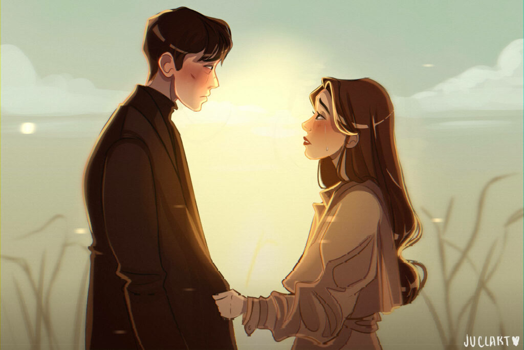 Yoon Se-ri and Ri Jeong-hyeok romantic digital art wallpaper with warm lighting and dreamy background