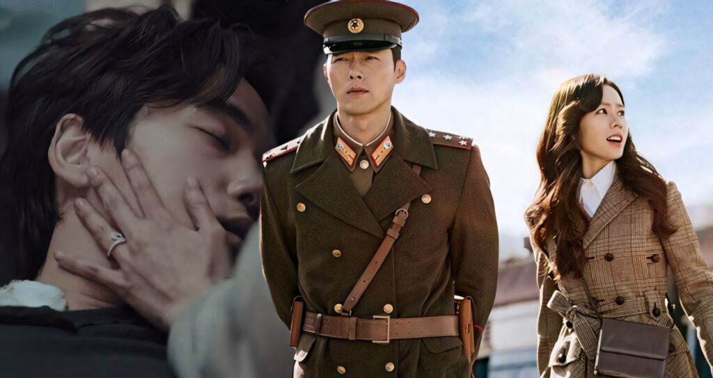 Crash Landing On You wallpaper with Yoon Se-ri and Ri Jeong-hyeok vibrant romantic collage background