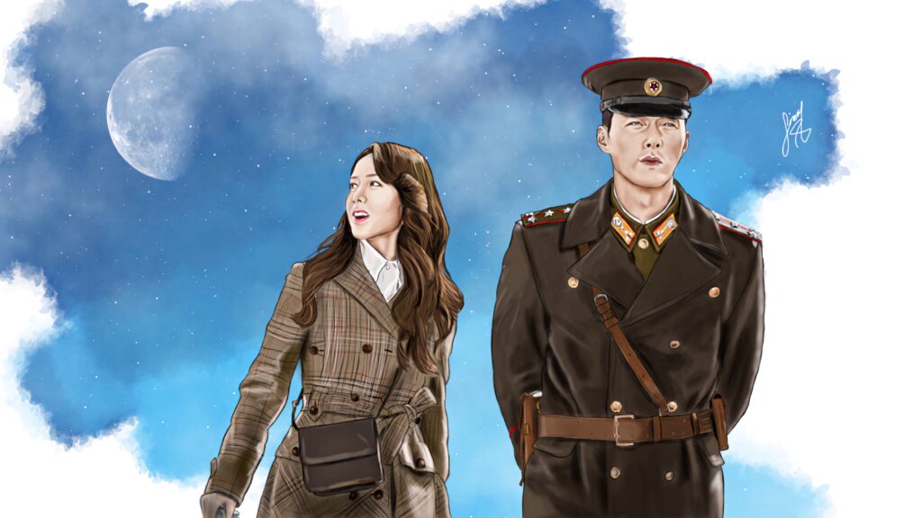 Romantic digital art of Yoon Se-ri and Captain Ri Jeong-hyeok under moonlit sky Crash Landing on You wallpaper