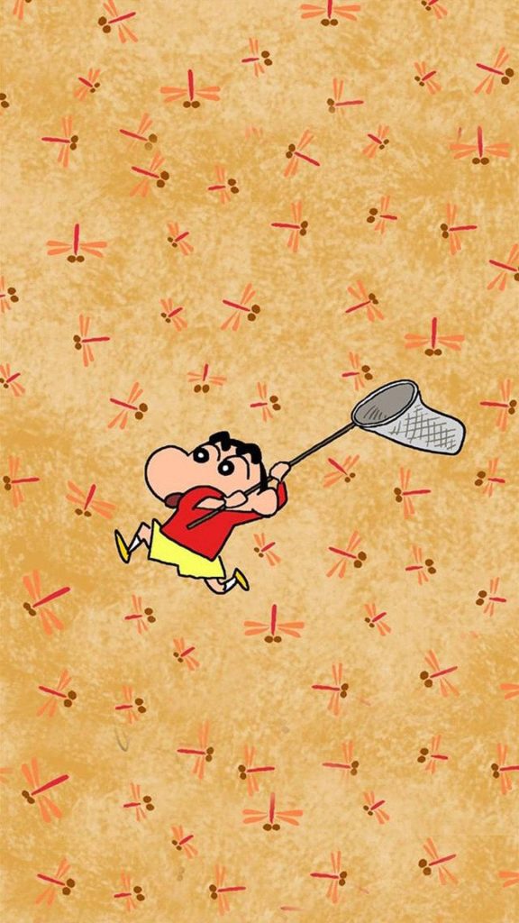 Crayon Shinchan anime wallpaper with net catching bugs golden background red dragonflies pattern